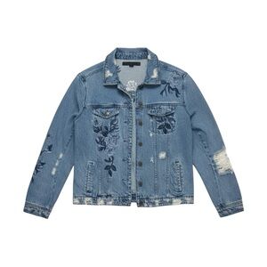 Tinsel Distressed Jean Jacket Women’s Medium Blue Denim Floral Embroidery